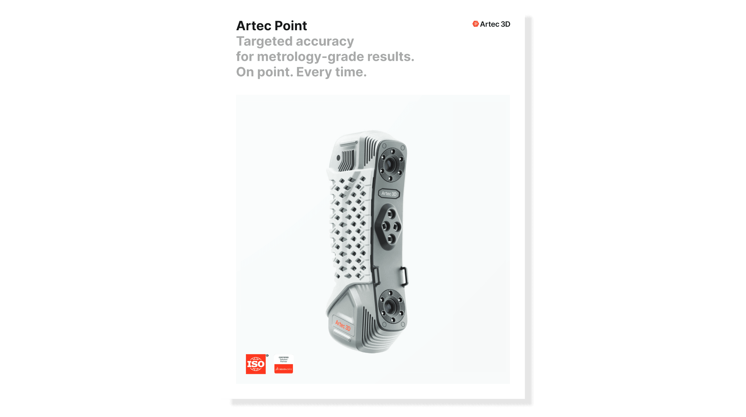 Artec Point – naslovnica PDF brošure s detaljima o 3D skeneru Naslovna stranica brošure za Artec Point 3D skener visoke preciznosti