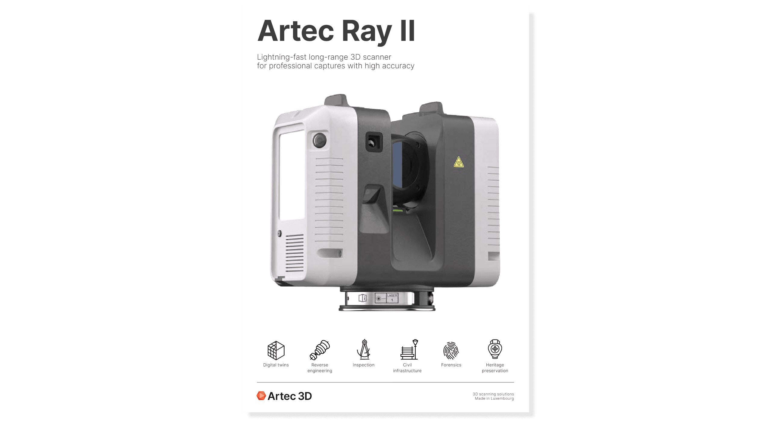 Artec Ray – naslovnica PDF brošure za laserski 3D skener Naslovna stranica brošure za Artec Ray – laserski 3D skener dugog dometa