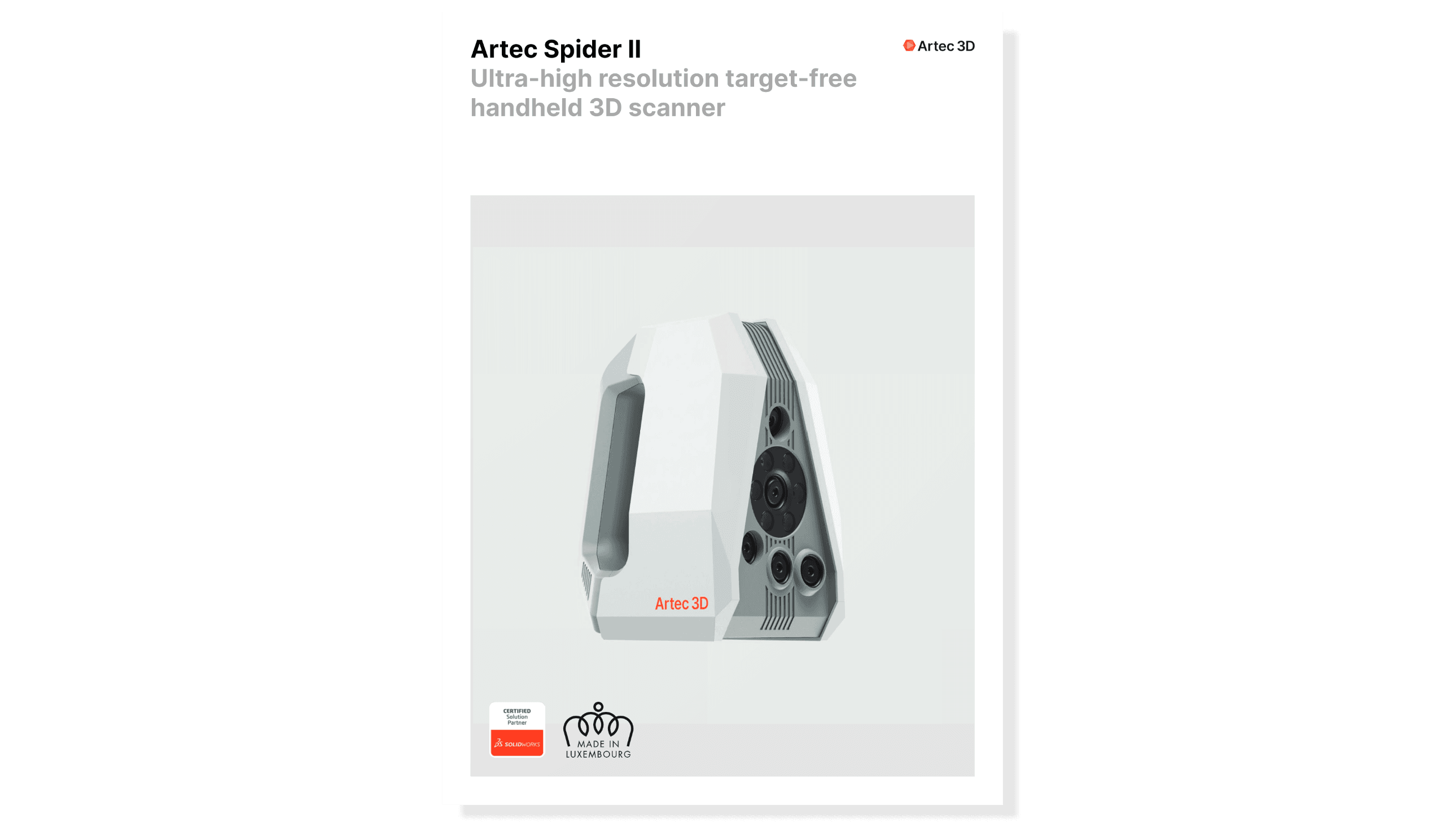 Artec Spider II – naslovnica PDF brošure za precizni 3D skener Naslovna stranica brošure za Artec Spider II – 3D skener visoke rezolucije
