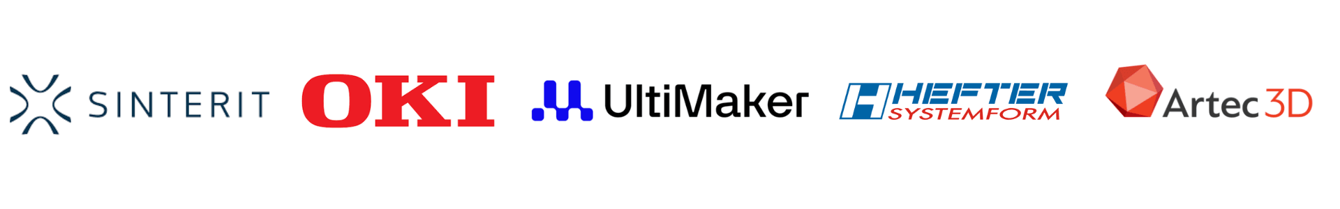 Partneri za 3D printanje, skeniranje i kuvertiranje – Sinterit, OKI, Ultimaker, Hefter, Artec Logotipi partnera: Sinterit, OKI, Ultimaker, Hefter i Artec